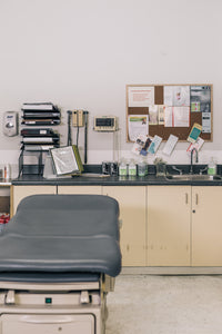 An operational room that looks like an office. A hospital desk and a kitchen area in the back. 